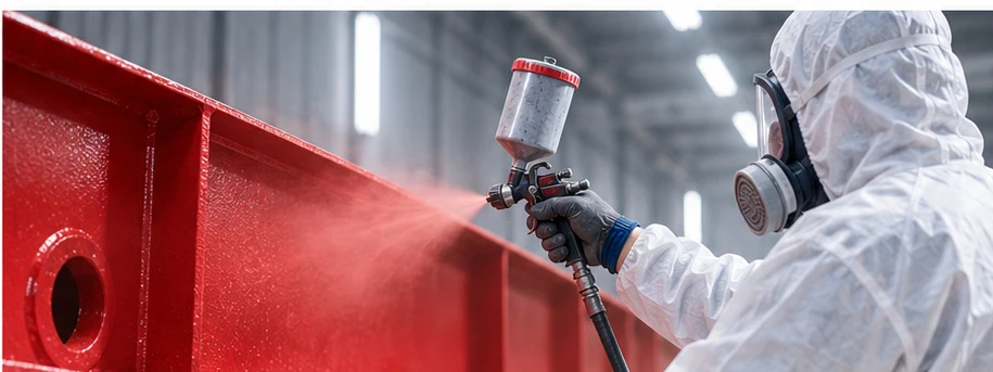 Airless tabanca ile çelik yüzeye boya uygulanması.